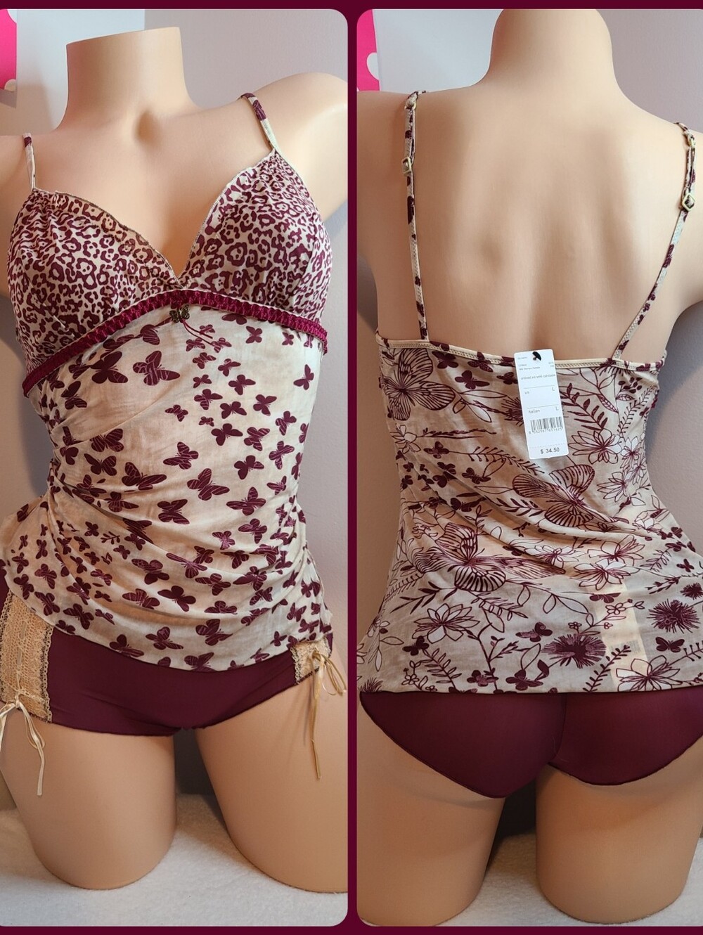 Rare Vintage Y2K Intimissimi Silky Stretch Nylon Butterfly Cami & Panty Set Sz M